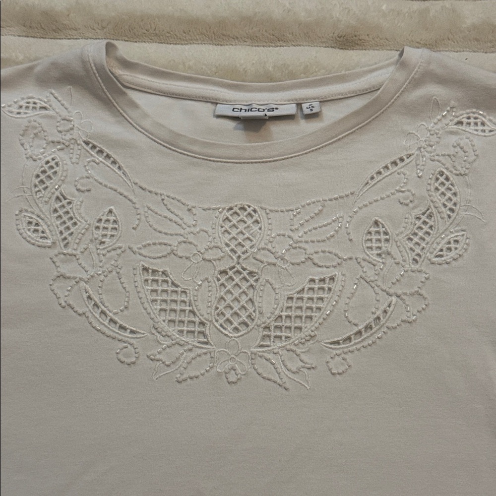 Chico's White Short-Sleeve Top with Crochet Yoke - Picture 2 of 4